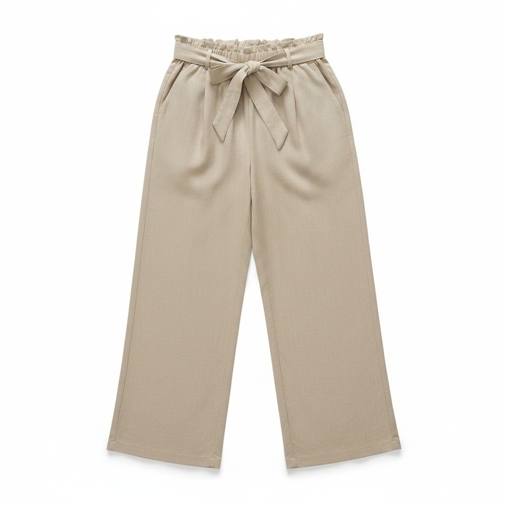 Showmall Womens Pants Size 3X Beige Paperbag Waist Knot Wide Leg Casual Elastic